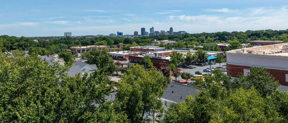 Raleigh houses and trees under a blue sky